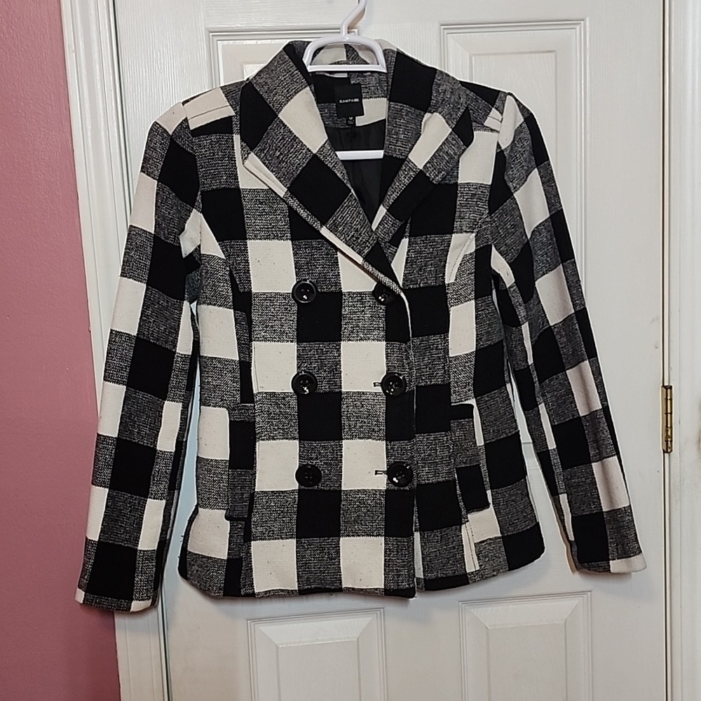 RAMPAGE BLACK AND WHITE CHRCKERED PEA COAT SZ M